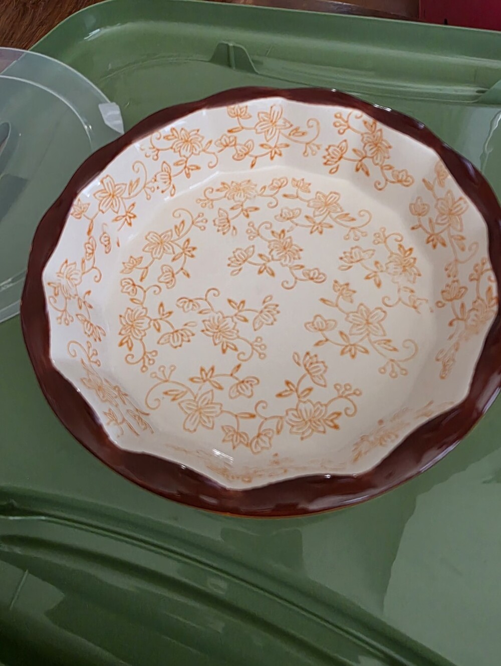Temp-Tations Cream Serving Bowl with Orange Floral Motif and Brown Scalloped Rim